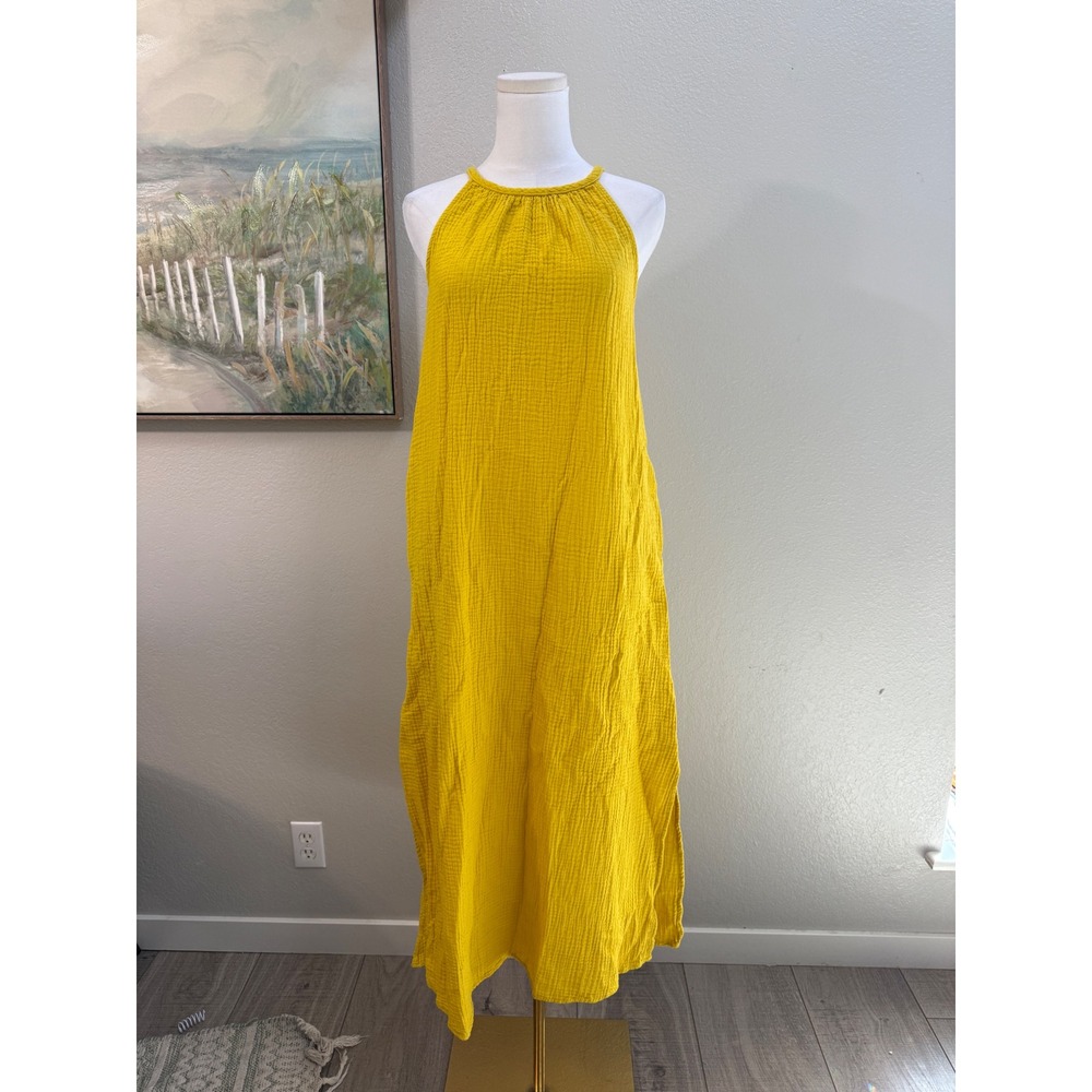 Mustard Yellow Cotton Gauze Halter Maxi Dress